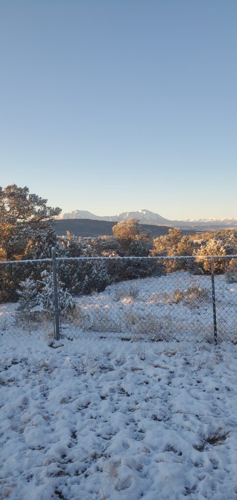 Snow-capped mountains in the distance, behind a chain link fence in the foreground.